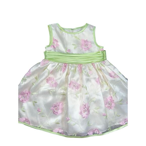Bonnie Baby 12M Floral Tulle Dress Mint Green Pink Satin Party Princess Floral - Picture 2 of 11